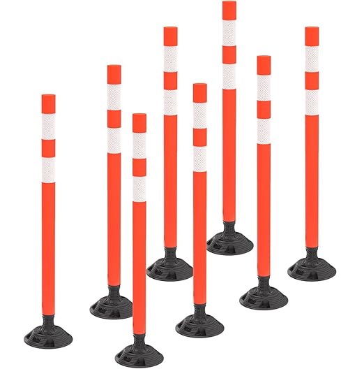 BESEA 8PCS 36" Traffic Delineator Posts with Detachable Base & High-Visibility Reflective Collars,Orange Flexible Safety Cones for Driveway, Parking Lot, Roadway, and Work Zone