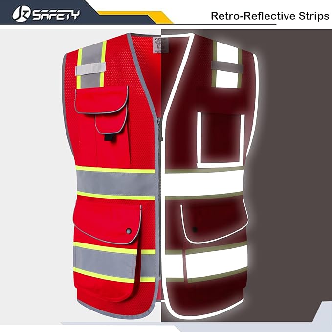 JKSafety 9 Pockets Hi-Vis Neon Red Zipper Front MESH Safety Vest with Fluorescent Yellow Extend Edge outlining the Reflective Tapes Meet ANSI/ISEA Class 2 Standard (100-Red, Large)