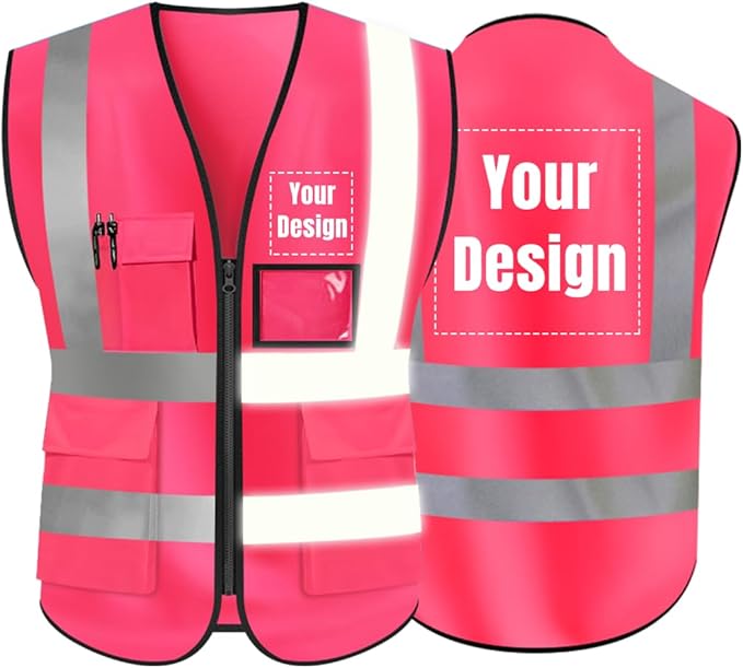 YOWESHOP High Visibility Safety Vest Custom Your Logo Protective Workwear 5 Pockets With Reflective Strips Outdoor Work Vest (Pink (4XL))