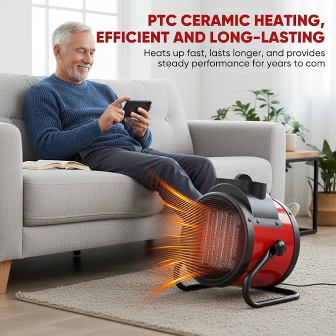 Saker 3000W Portable Ceramic Heater with Adjustable Thermostat, PTC Fast Heating Technology, 90° Oscillation & Safety Protection for Home Office Workshop