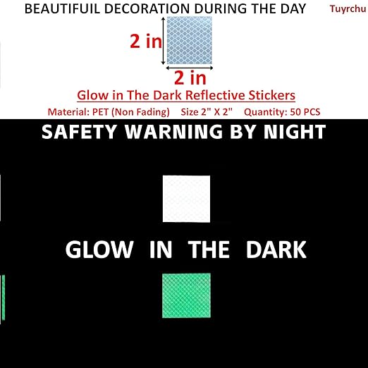 Glow in The Dark Reflective Stickers 2 inch X 2 inch for Truckskes, Warning Strong Safety Adhesive Reflective Strips (50 Pcs)