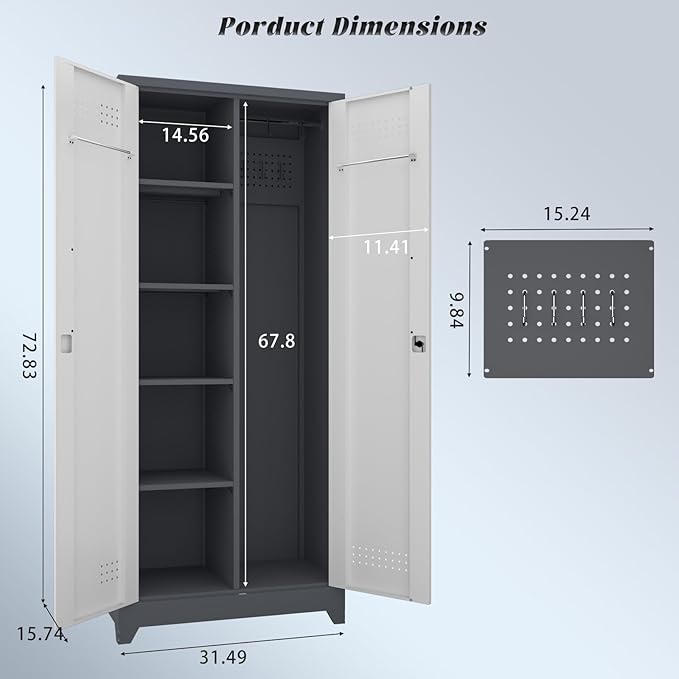 Metal Garage Storage Cabinets,Garage Tool Storage Cabinets with Lock,Locking Cabinet with Hanging Rod & S-Hooks for School,Gym,Grey-White
