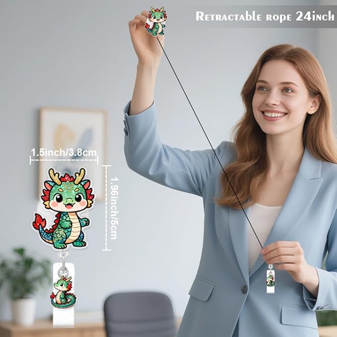 Cute Dragon Badge Reel, RN Badge Buddy, Funny Dragon ID Work Badge Holder with Retractable Alligator Clip Accessories for LPN CNA MA Nurse Doctor Nursing Student Teacher, and Medical Workers