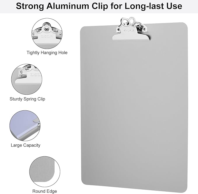 ZCZN Metal Clipboard, 6 Pack Heavy Duty Aluminum Clipboards 12 x 9 Inches, A4 Letter Sizer Document Holder with High Capacity Clip, Suitable for School, Office, Jobsite or Medical Staff, Silver