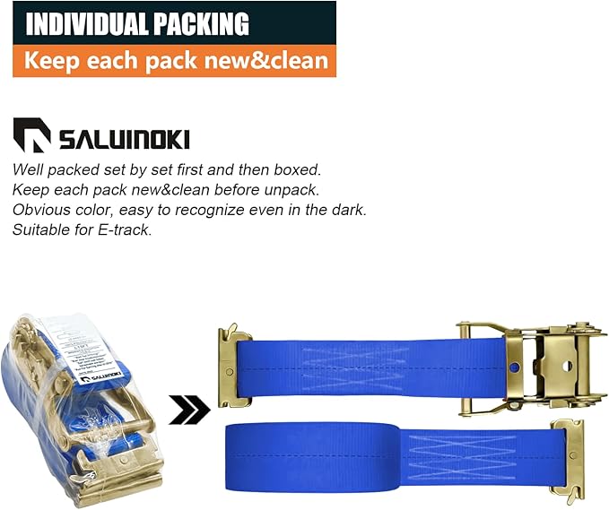 8Pack E-Track Straps Ratchet Etrack Strap Box Truck Strap Tie Down Heavy Duty 2" x15' 4400lbs Breaking Load, 2200 Working Load E-Track Accessories Blue