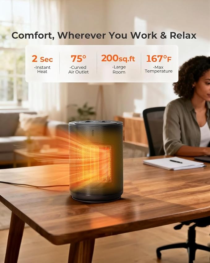 ZAFRO Small Space Heater w/Thermostat,1500W Portable Electric Ceramic Heater for Indoor Use, Overheat and Tip-Over Protection, PTC Ceramic Fast Safety Heat for Home, Bedroom, Office