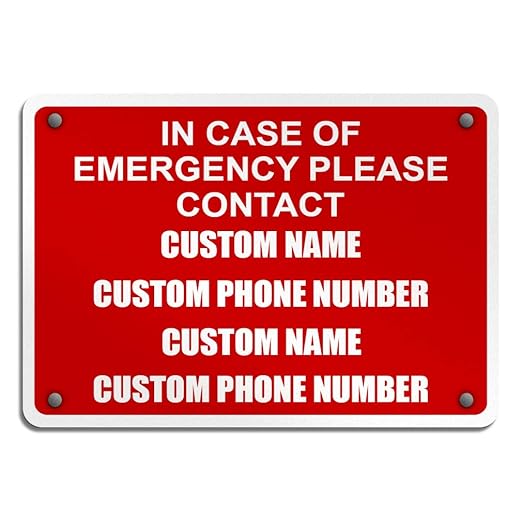 Aluminum Weatherproof Metal Sign Multiple Sizes in Case of Emergency Please Contact Custom Instruction Text Here Horizontal Street 24x18Inches