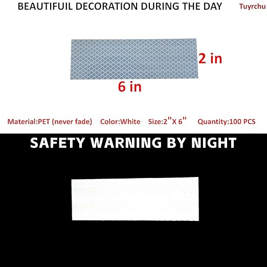 Non Fading White Reflective Stickers 2 inch X 6 inch, Outdoor Waterproof High Visibility Warning Safety Adhesive Reflector Tape (100 Pcs)