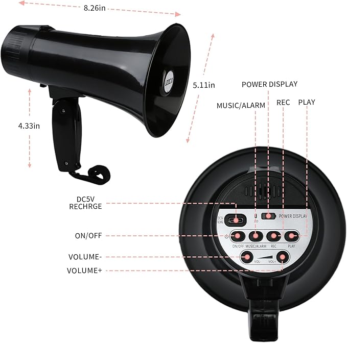 UZOCHI 20 Watt Rechargeable Megaphone Bullhorn Speaker, Siren and 240s Recording, Portable Mega Phone with Power Display and Strap (Black)
