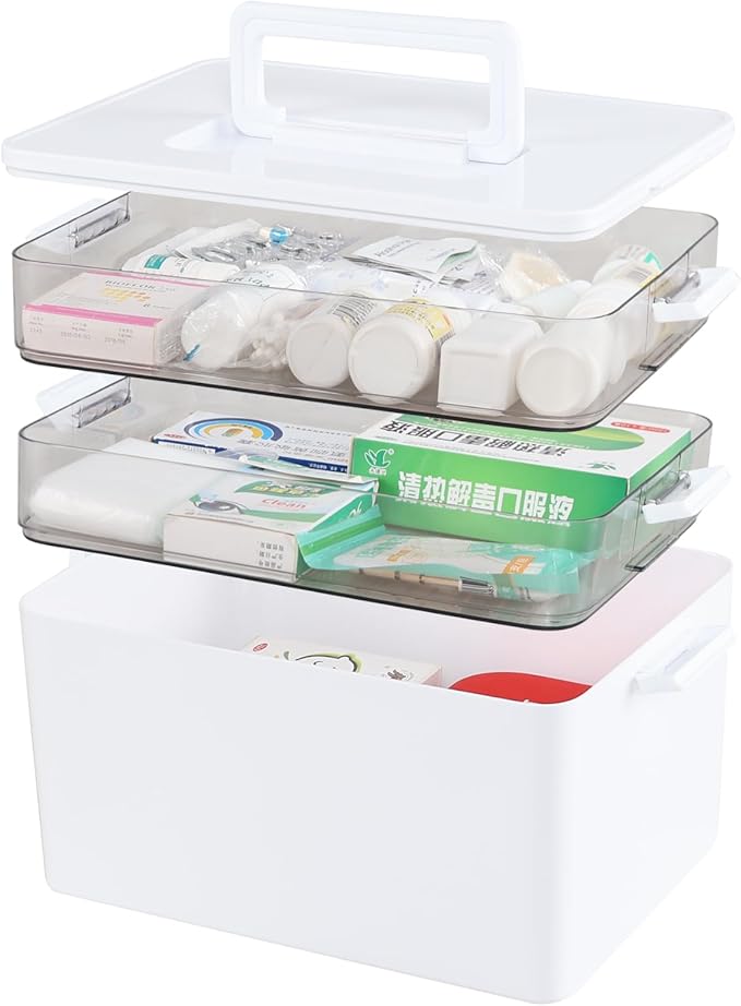 Begale Large Medicine Storage Box, 3-Tier Portable Medicine Cabinet Organizer, Plastic First Aid Box with Handle, White