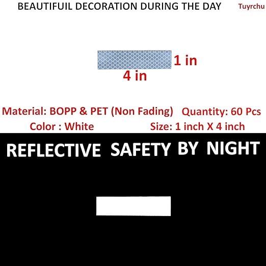 White Reflective Stickers 1 inch X 4 inch, Outdoor Waterproof High Visibility Warning Safety Adhesive Reflector Tape (60 Pcs)