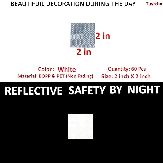 White Reflective Stickers 2 inch X 2 inch, Outdoor Waterproof High Visibility Warning Safety Adhesive Reflector Tape (60 Pcs)
