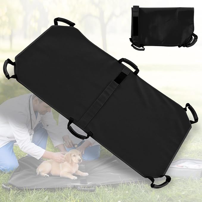 Geiserailie Transport Stretcher for Large Dogs with 6 Handles 47" L x 29" W Animal Folding Emergency Transport Carrier with Safety Strap, Max 250lbs (Black)
