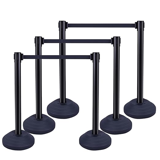 10 ft Crowd Control Stanchion Set, Crowd Control Barrier, Stanchions with Retractable Belts & Water Filled Base, Retractable Stanchions, Queue Management Stanchion (6 Pack) (Black)