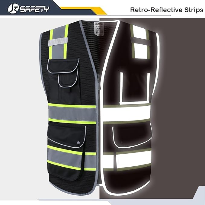 JKSafety 9 Pockets Hi-Vis Black Color Zipper Front MESH Safety Vest with Fluorescent Yellow Extend Edge outlining the Reflective Tapes Meet ANSI/ISEA Class 1 Standard (100-Black, 4XL)