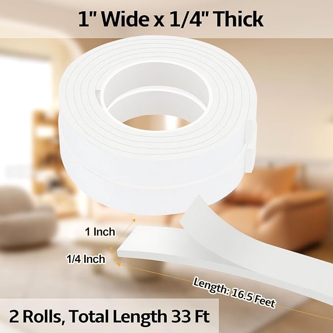 EVA Foam Weather Stripping Tape,1 Inch W x 1/4 Inch T Self-Adhesive Seal Tape for Doors & Windows-Draft Blocker,Soundproofing,Waterproof Insulation Foam,2 Rolls Total 33FT White