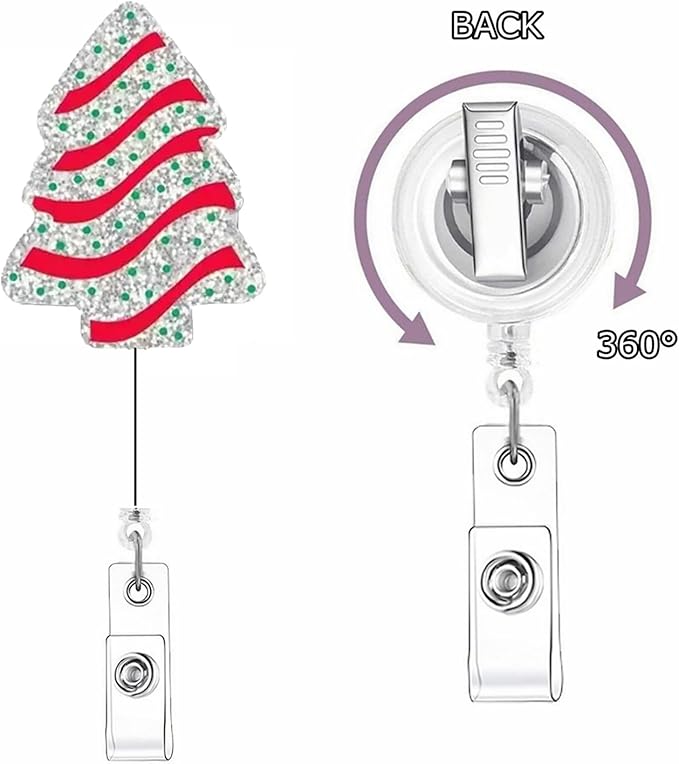 Christmas Badge Holder Sparkly Christmas Tree Badge Reel Cute Acrylic Xmas Badge Reels Retractable ID Name Tag Badge Alligator Clip for Nurse Student Teacher Office Decoration Holiday Party Favors