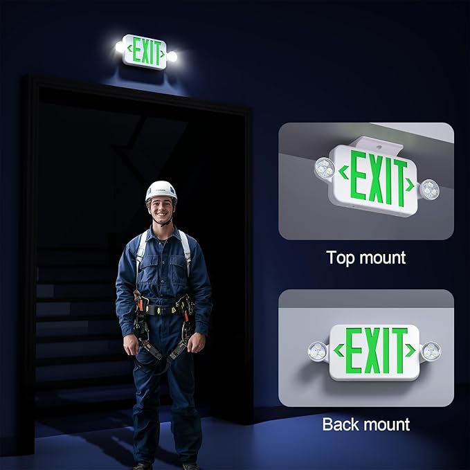 Led Exit Sign Emergency Light Combo Adjustable Two Head,Double Sided and Battery Backup Exit Light,Green Letter Hardwired Emergency Exit Sign,AC 120/277V,UL Listed,Ceiling&Wall Mount (1 Pack)