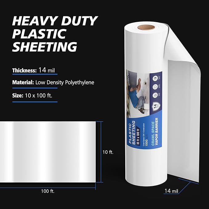 Crawl Space Vapor Barrier - 14 mil 10' x 100', Vapor Barrier for Crawlspace Encapsulation kit, Vapor Barrier Plastic Material, Crawlspace Liner, Heavy Duty Plastic sheeting, Black and White Panda Film