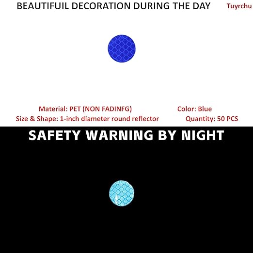 Non Fading Blue Reflective Stickers 1-inch Diameter Round Reflector, Outdoor Waterproof High Visibility Warning Adhesive Tape (50 Pcs)