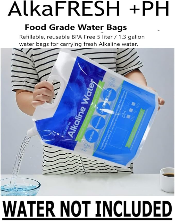 Foldable Water Carry Bags 1.3 Gallon / 5L | Pour Your Alkaline Water into AlkaFRESH +PH | Food Grade BPA Free No-Leak Plastic Container Collapsible Bag | Emergency Storage Jug, Freezable (10 PAK)