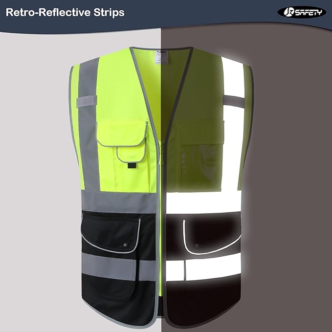 JKSafety 9 Pockets High Visible Reflective Safety Vest Zipper Front Breathable Lining, Yellow-Black Meets ANSI/ISEA Standards(150-Yellow-Black M