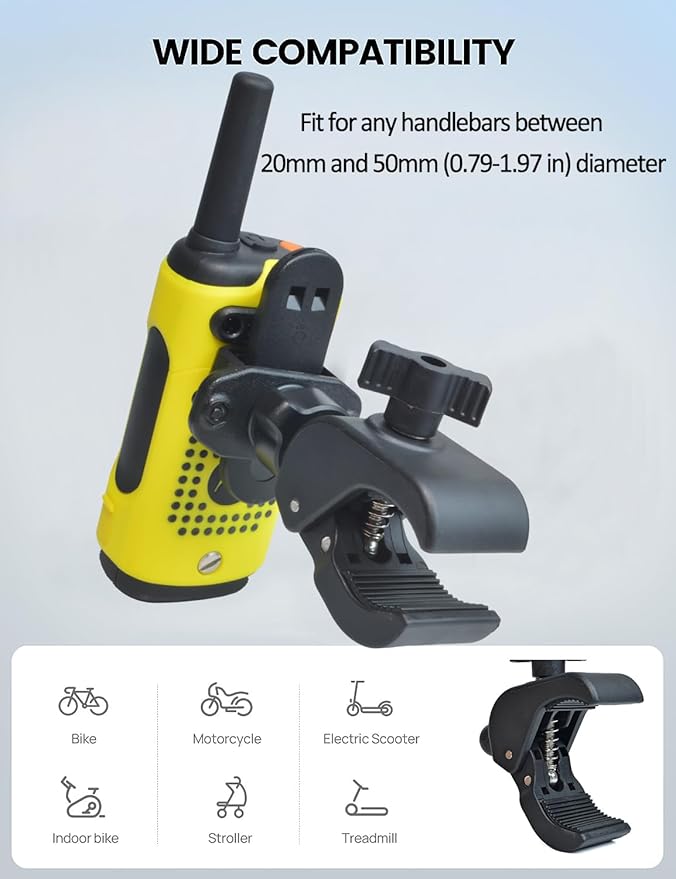 HYS Heavy-Duty Motorycle Walkie Talkie Mount - Bike Handheld Ham Radio Holder Handlebar Clamp (0.79-1.97inchs) - Universal Two Way Radio with Clip Holder Mount for Bike Motobike ATVs MTBs Golf carts