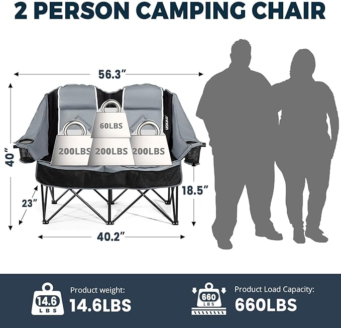 Oversized Double Camping Chair - 2 Person Portable Folding Outdoor Loveseat Heavy Duty Lawn Chairs for Adults with Padded Cushion & Dual Cup Holders, Supports 660LBS for Camping，Sports，Picnic
