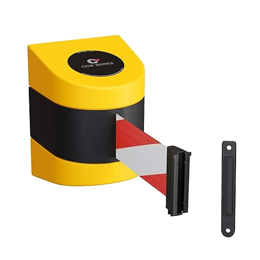 Crowd Control Warehouse - CCW Series WMB-220 Fixed Wall Mount Retractable Belt Barrier - 15 Foot, Red and White Diagonal Belt with Yellow ABS Case