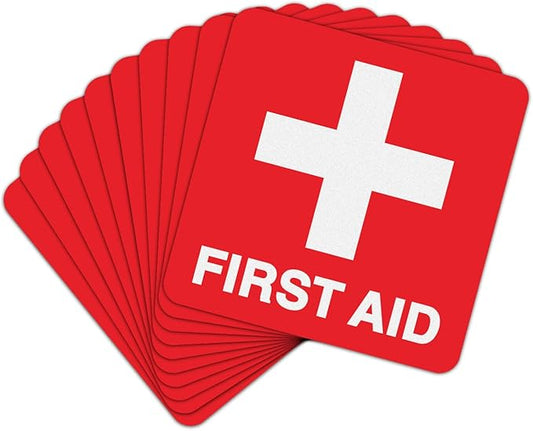 T&R First Aid Stickers, First Aid with Cross Symbol - 10 Pack - 5 x 5 Inches Reflective Label, UV Resistant, Waterproof, Fade and Scratch Resistant, Suitable for Indoor and Outdoor