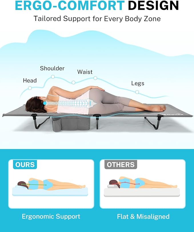 Gonex 31.5" Extra Wide Camping Cot with Premium Pillow Pocket Supports 350lbs, Portable Ultralight Folding Cot Bed for Adults Travel, Beach, Home, Sleeping (Grey)