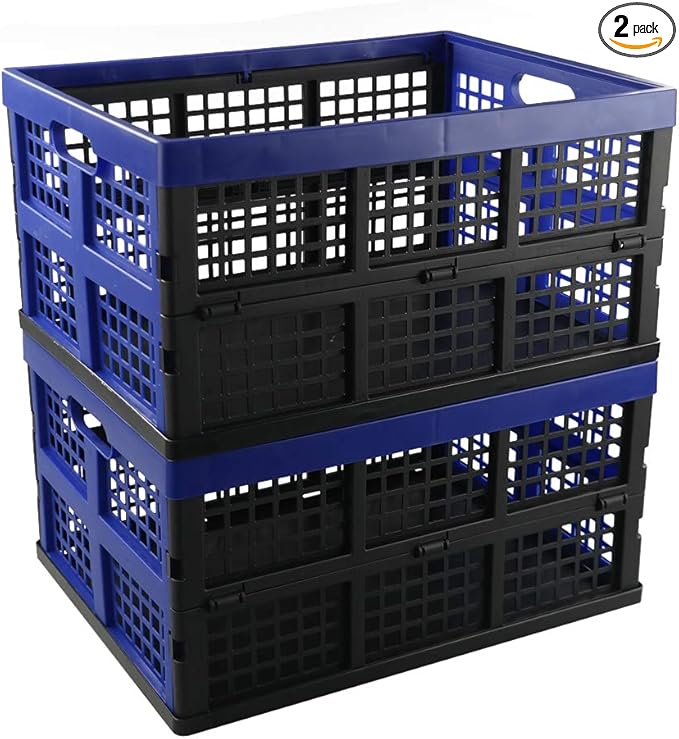 Hespapa 35 Quart Folding Crates, Blue Plastic Collapsible Storage Container Milk Crate Baskets, 2 Pack