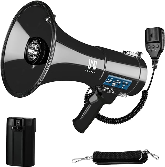 50w Megaphone with LED, Siren, 240s Recording & USB/3.5mm AUX/Bluetooth Input - Rechargeable Battery, for Police, Cheerleading, Rescue, Outdoor(Black)