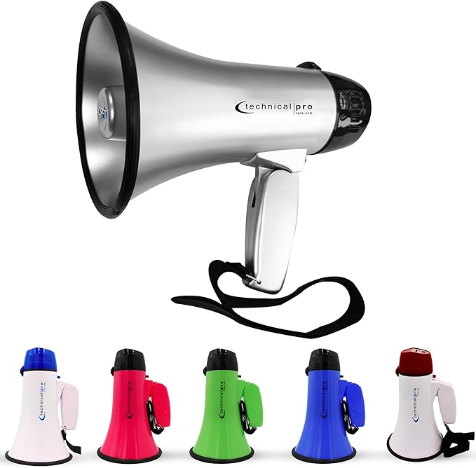 Technical Pro 20 Watts Lightweight Portable 300M Range Megaphone Bullhorn with Strap, Siren, and Volume Control, Good for Trainers, Soccer, Football, Baseball, Coaches