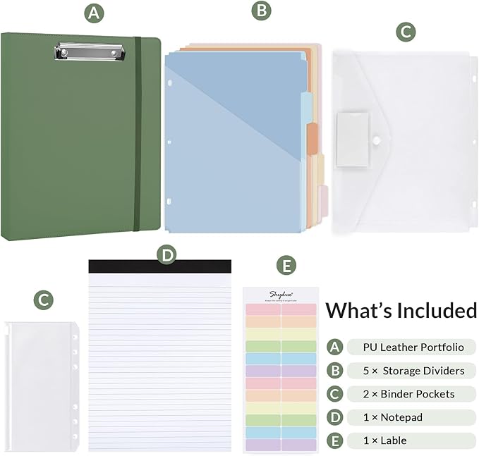 SKYDUE Clipboard Binder with Refillable Notepad, PU Clipboard Folder Includes 5 Dividers with 10 Pockets, Labels, 3 Ring Binder 1 Inch for School Office (Fit Letter Sized Paper),Olivegreen