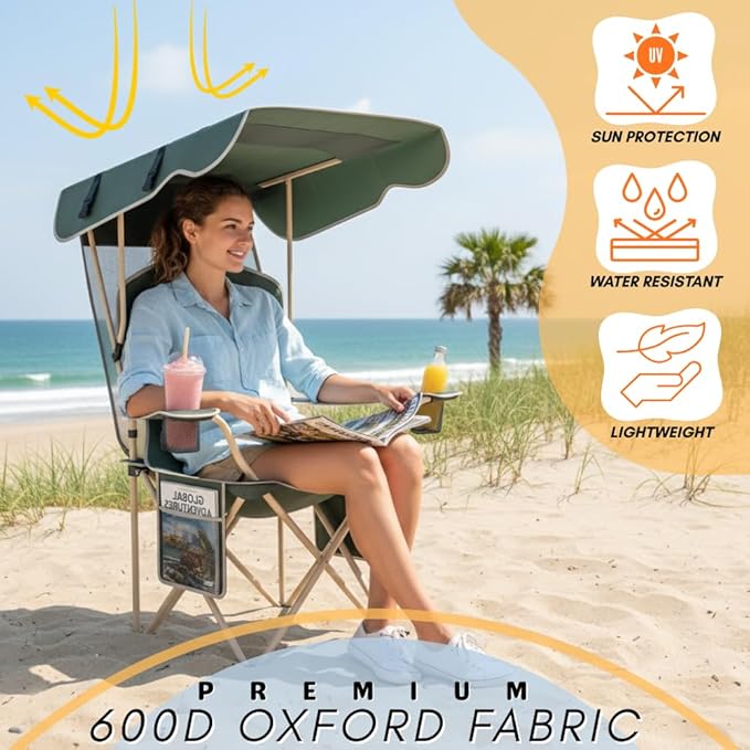 Portable Folding Camping Chairs with Canopy Shade, Beach Chair for Adults, Durable Weather Resistant 600D Oxford Cloth, Camping Chair with Canopy for Outdoors [Olive Green-2 Pack]