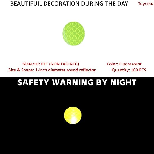 Non Fading Fluorescent Yellow Reflective Stickers 1-inch Diameter Round Reflector, Outdoor Waterproof High Visibility Warning Adhesive Tape (100 Pcs)