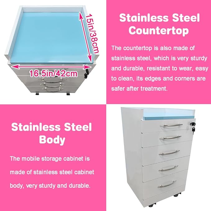 4 Drawer Dental Assistant's Mobile Cabinet Office File Storage Cart Mobile Utility Storage Cart Stainless Steel Moving Side Cabinet with 2 Pallets Lock Wheels for Dental Medical Office