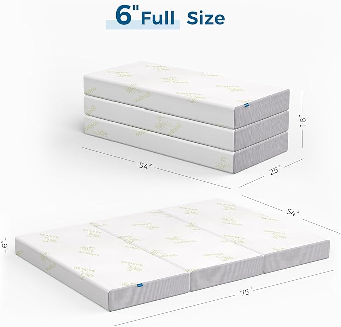 Inofia 6 Inch Folding Mattress, Memory Foam Tri-fold Mattress with Removable Cover, Foldable Floor Bed, Medium Firm, Full Size (75" x 54" x 6")