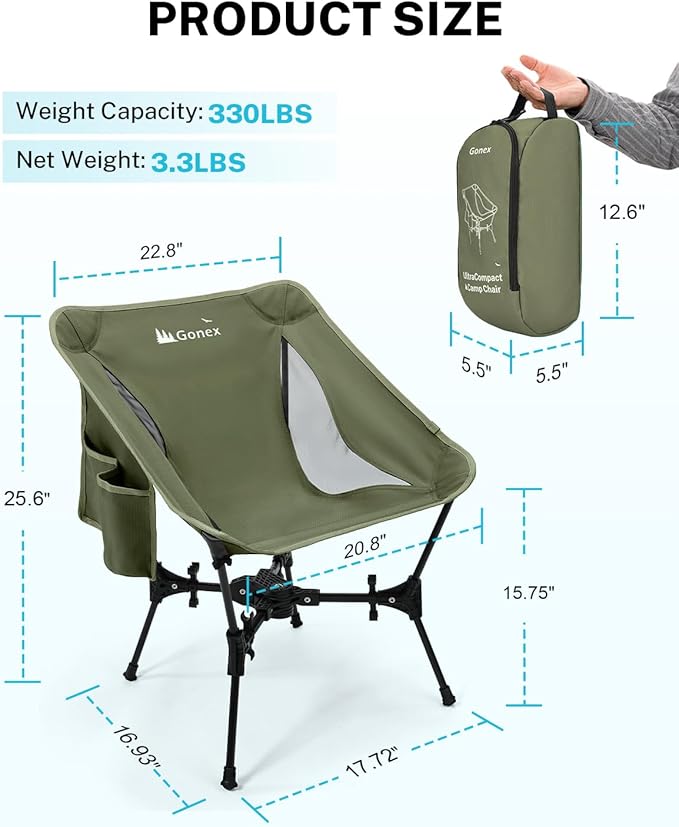 Gonex Portable Camping Chair, The 5th Gen Ultralight Compact Backpacking Foldable Lightweight Folding Chair for Outdoor Camp Hiking Beach Picnic Concert, Supports 330lbs (Army Green, 2 PCS)