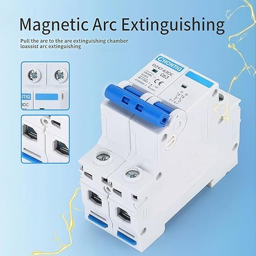63 Amp Miniature DC Circuit Breaker 500V 2 Pole, Solar PV Disconnect Switch with Thermal Magnetic Trip, DIN Rail Mount Isolator C63