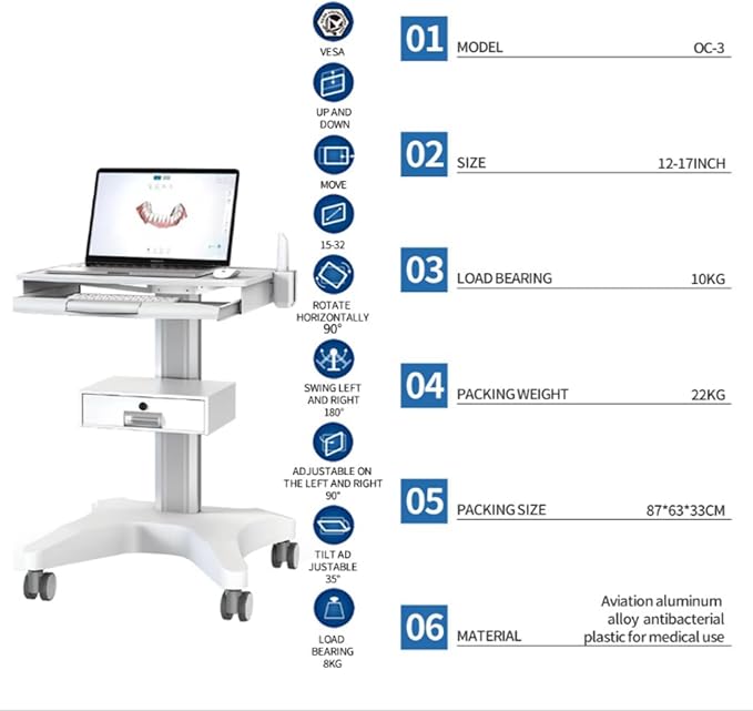 Mobile Dental Clinic Workstation Medical Trolley with Laptop Pallet and Oral Scanner Holder,Hospital Cart Wheels for Clinic,Hospital, School and Lab