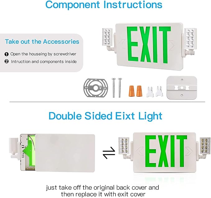 Spectsun 2 Packs Exit Signs with Emergency Lights,120-277VAC -LED Combo Emergency Light with Backup Battery-Double Face UL Listed Green Letter Exit Sign Lighting-Hard Wired-Fire Resistant