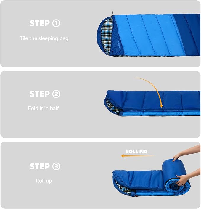 Cotton Flannel Lined Sleeping Bag for Adults Teens Kids, Cold Weather & Warm, 3 Seasons, Lightweight Compact Camping Essentials Equipment, Hiking, Outdoor, Travel