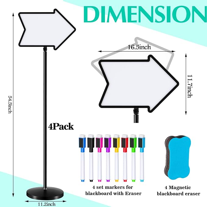 Lincia 4 Pack Dry Erase Board Arrow Sign Stand Adjustable Holder Floor Signs 11.7 x 16.5 Inch Dual Sided with Heavy Duty Pedestal for Indoor Outdoor Hotel School