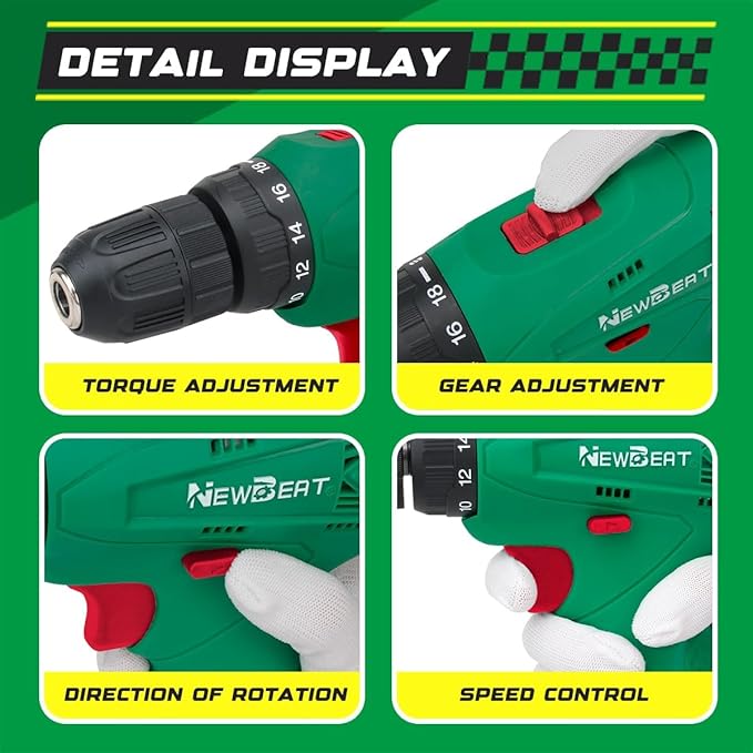 Power Drill Set, 12V Cordless Drill with 2 Battery and Charger, 2 Variable Speed, 18+1 Torque Setting, Tools for Home and DIY Project