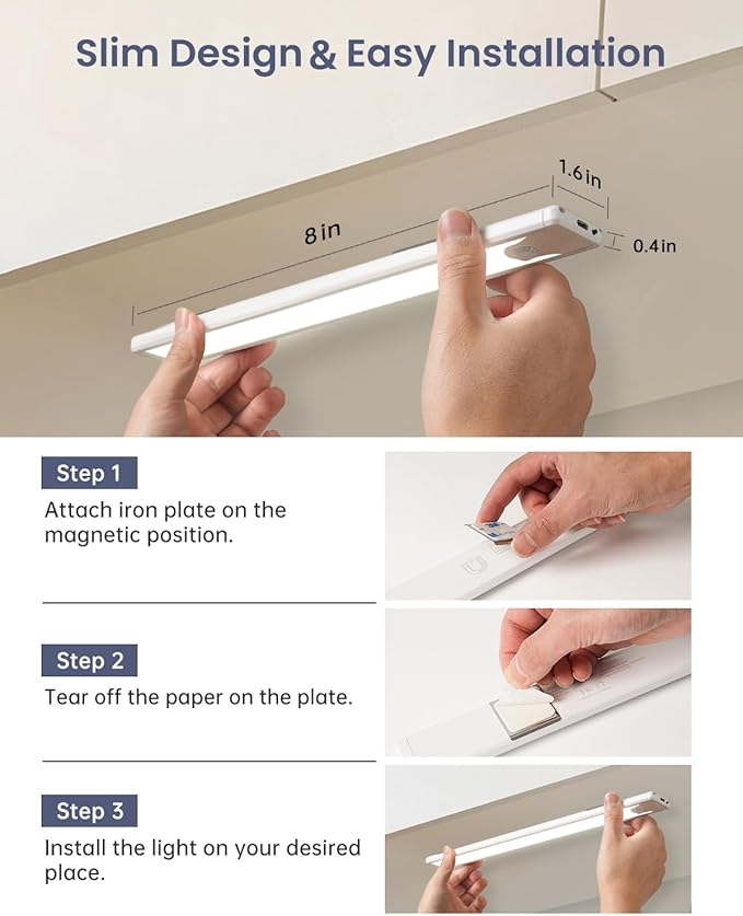 Pak 8 Inch Under Counter Cabinet Lighting, 41 LED Battery Operated Motion Sensor Light, Dimmable Closet Lights, USB Rechargeable, Wireless Magnetic Under Counter Light for Kitchen, Bathroom, 2 Packs
