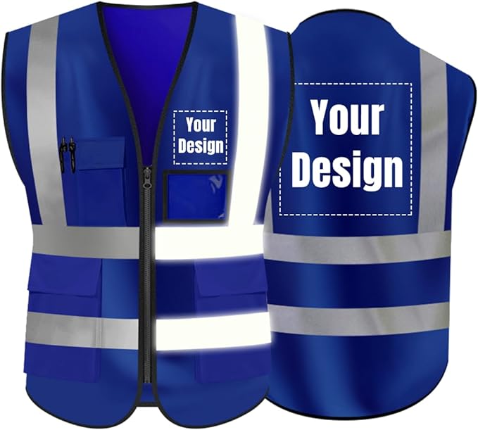 YOWESHOP High Visibility Safety Vest Custom Your Logo Protective Workwear 5 Pockets With Reflective Strips Outdoor Work Vest (Navy Blue (M))