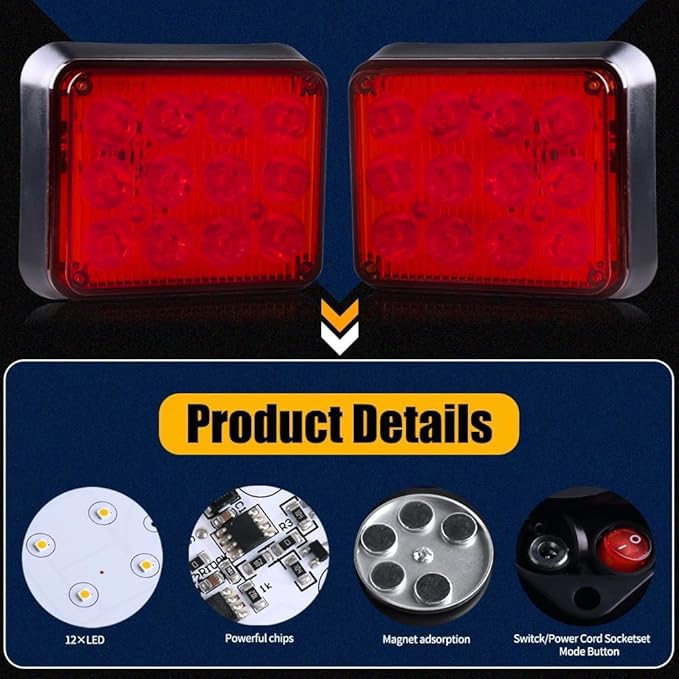 2PCS Magnetic Trailer Lights, Red Beacon Wireless Magnetic Strobe Lights Rechargeable Emergency Warning Lights Portable Surface Mount Strobe Lights for 12V 24V Trucks Car Trailer Vehicles Van