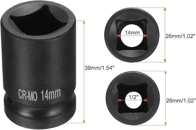 HARFINGTON 4 Point Square Socket 1/2" Drive 14mm Metric Square Impact Socket CR-MO Blackening Standard Wheel Sockets Pneumatic Socket Tool for Auto Repair Mechanical Maintenance Home Use